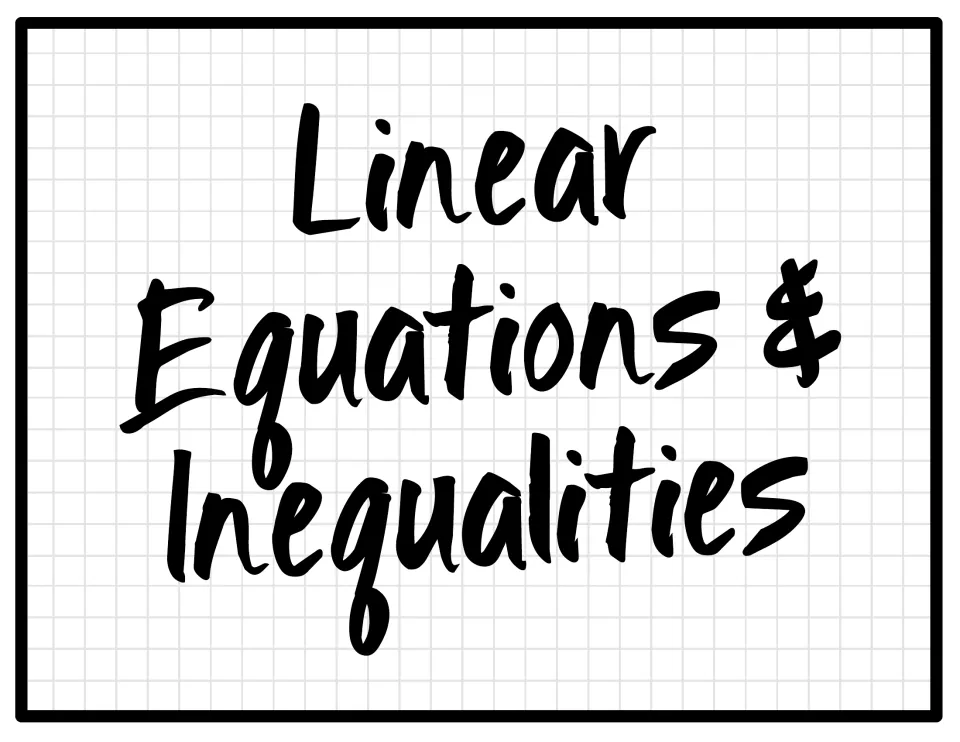 Section title sign: Linear Equations & Inequalities, hand-lettered heading that opens the first group of vocabulary sheets