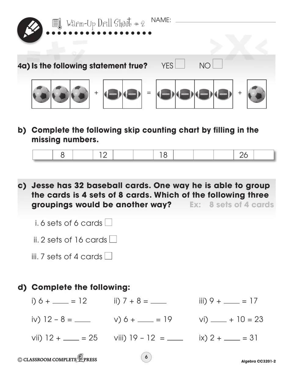 Warm-Up Drill Sheet 2 covers picture equality, skip counting, grouping 32 baseball cards, and missing numbers