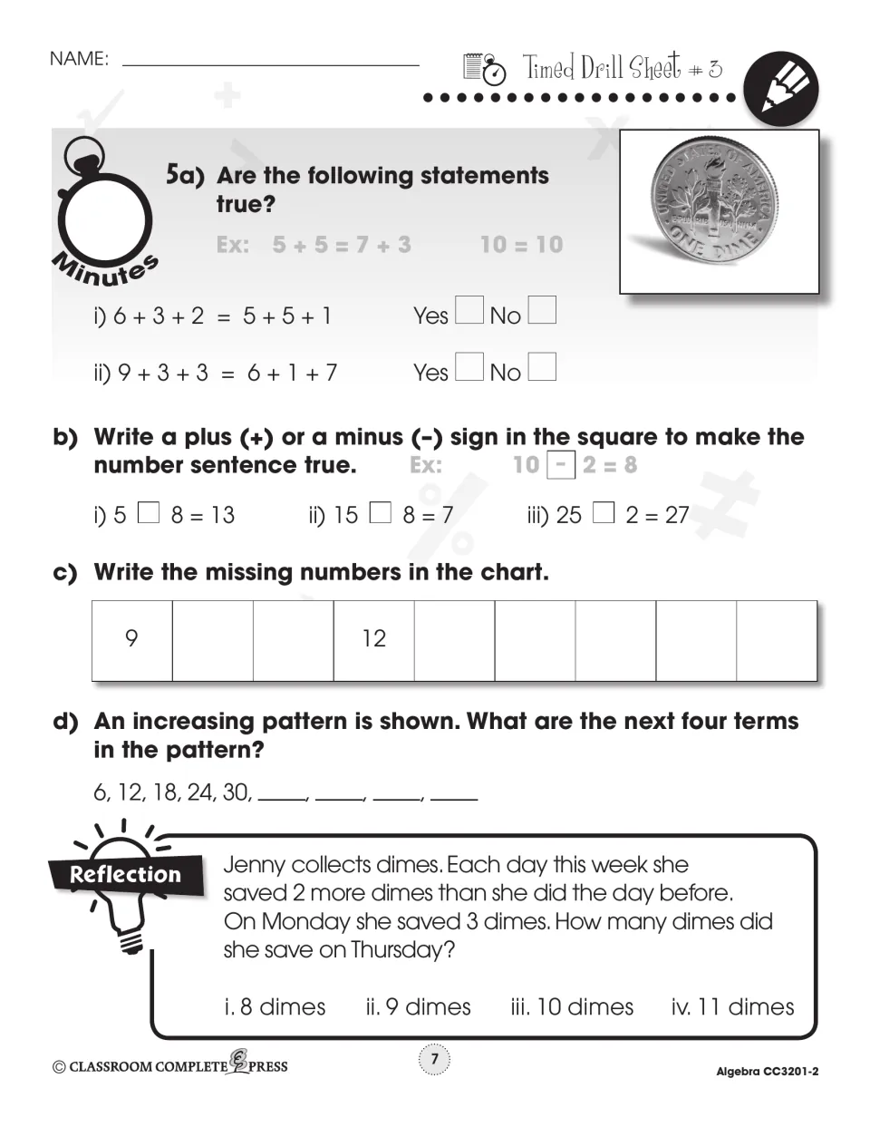 Timed Drill Sheet 3 practices true equations, plus or minus signs, number sequences, and a dime-saving problem