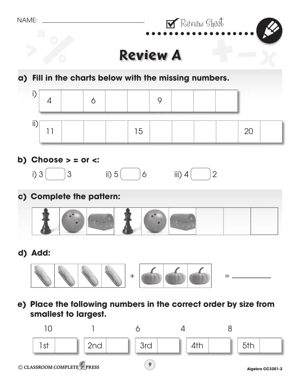 Review A checks missing numbers, comparisons, a repeating picture pattern, picture addition, and number order