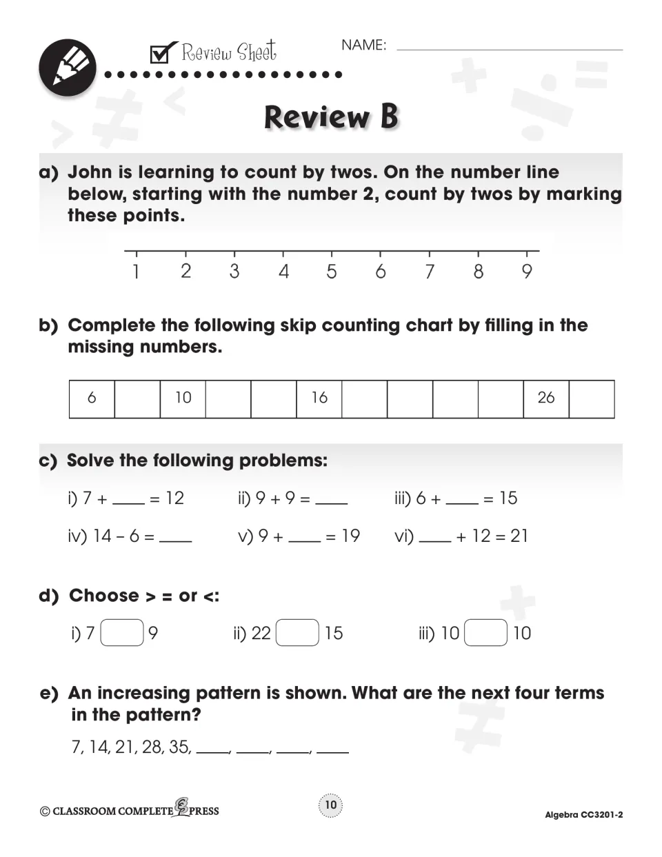 Review B checks counting by twos on a number line, missing numbers, equations, comparisons, and a pattern of sevens