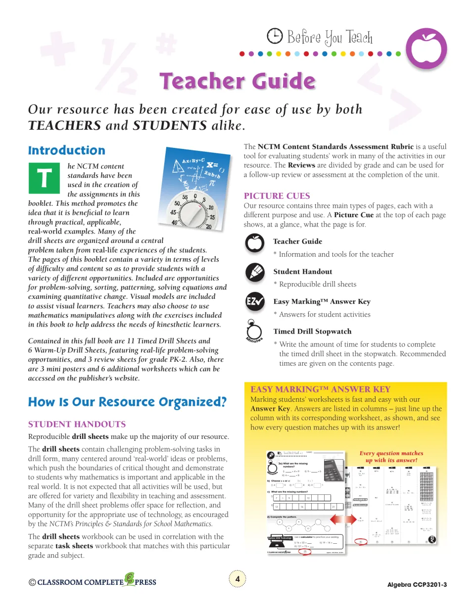 Teacher Guide: full book has 11 timed drills, 6 warm-ups and 3 reviews; explains picture cues and the answer key