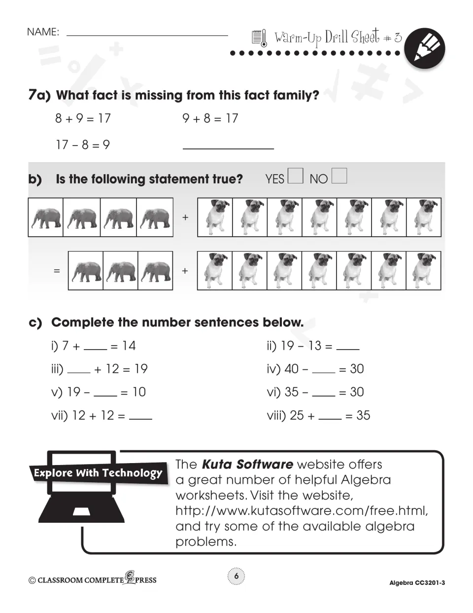 Warm-Up Drill Sheet 3: missing fact in the 8, 9, 17 fact family, a true-or-false picture sum and 8 number sentences