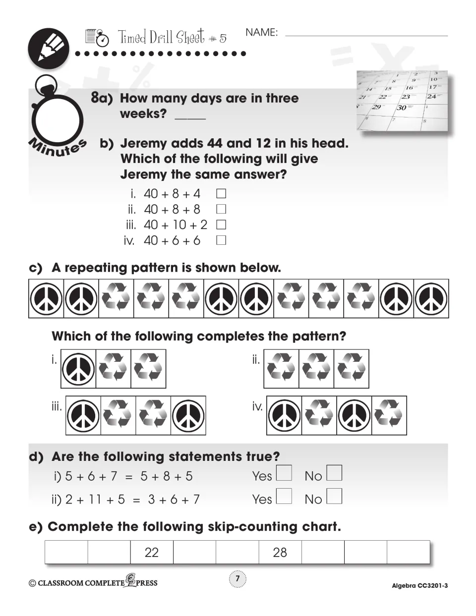 Timed Drill Sheet 5: days in three weeks, ways to add 44 + 12, a peace-and-recycle pattern and skip counting
