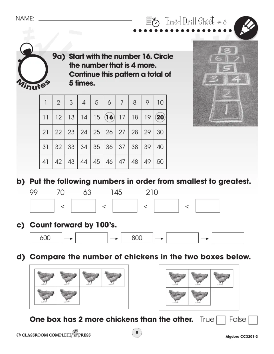 Timed Drill Sheet 6: count on by 4 from 16 on a 1–50 chart, order numbers, count by 100s and compare chickens