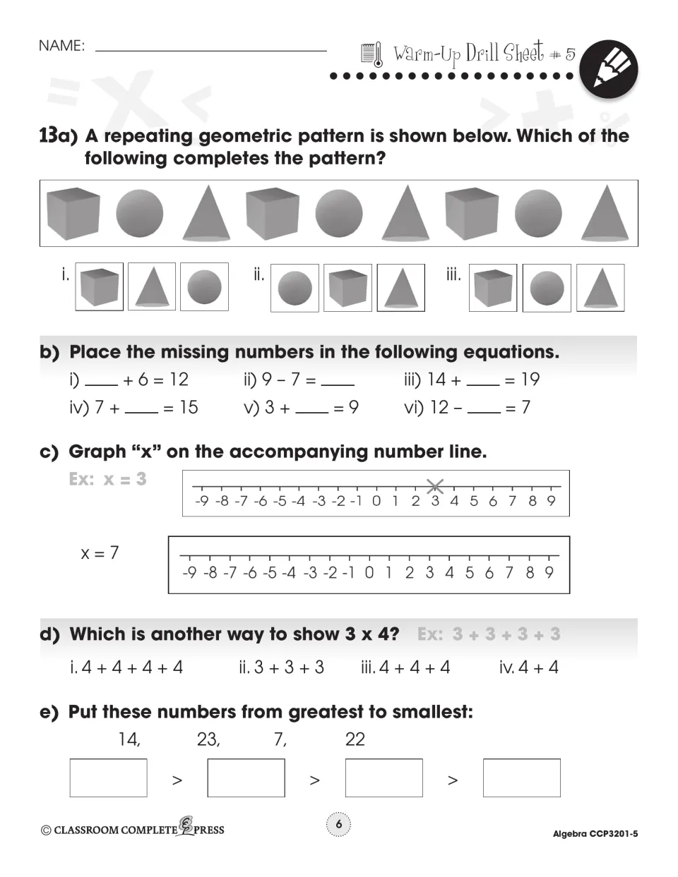 Warm-Up Drill Sheet #5: cube-sphere-cone pattern, missing numbers (__ + 6 = 12), graph x = 7 on a number line
