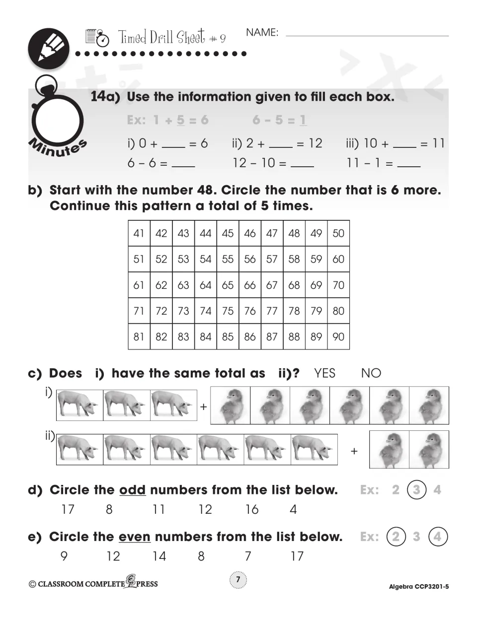 Timed Drill Sheet #9: count by 6 from 48 on a number chart, compare pig and chick sums, circle odds and evens