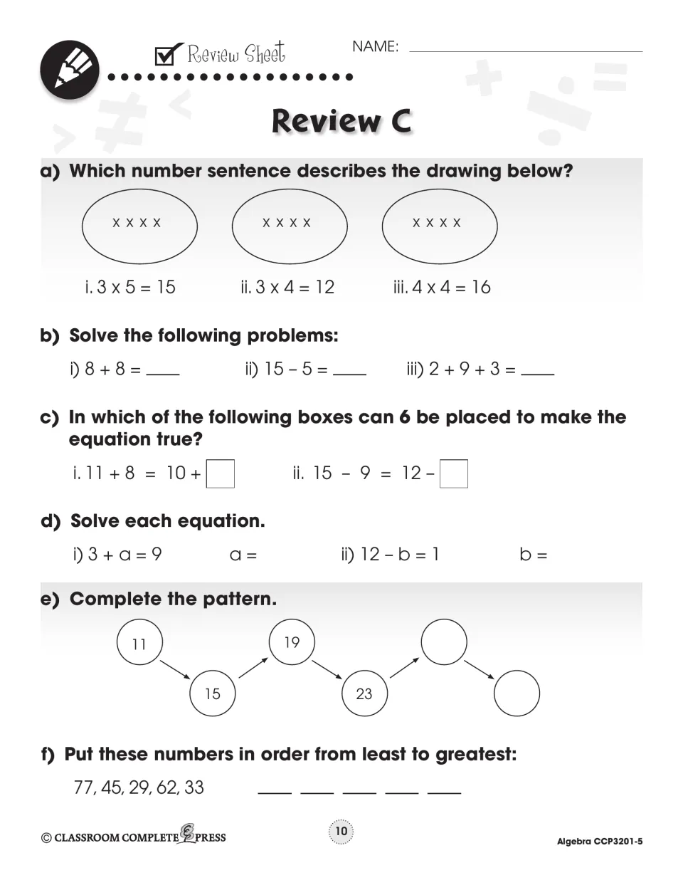 Review C: pick the number sentence for 3 groups of 4, solve 3 + a = 9 and 12 – b = 1, extend 11, 15, 19, 23