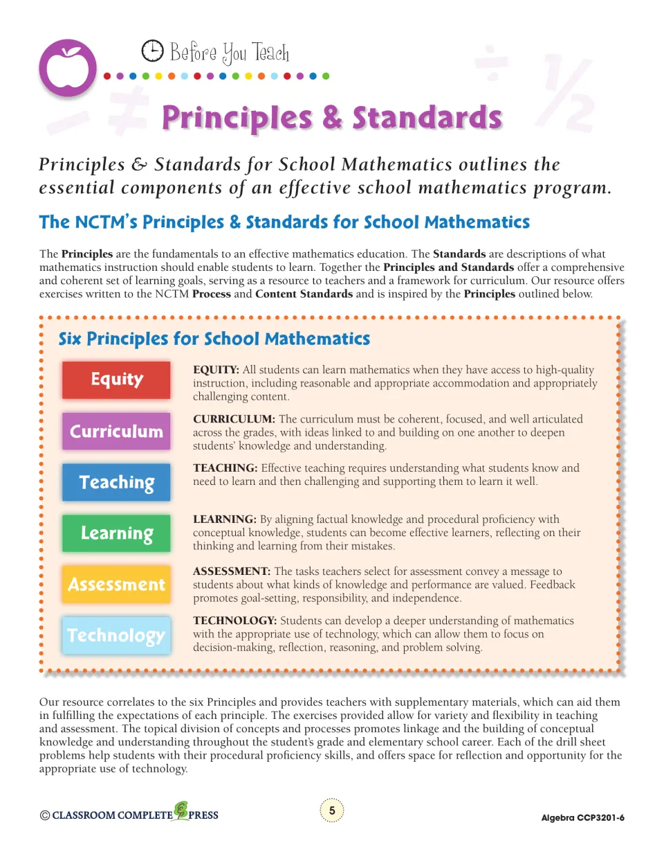 Overview of the NCTM Principles and Standards, defining six principles from Equity to Technology