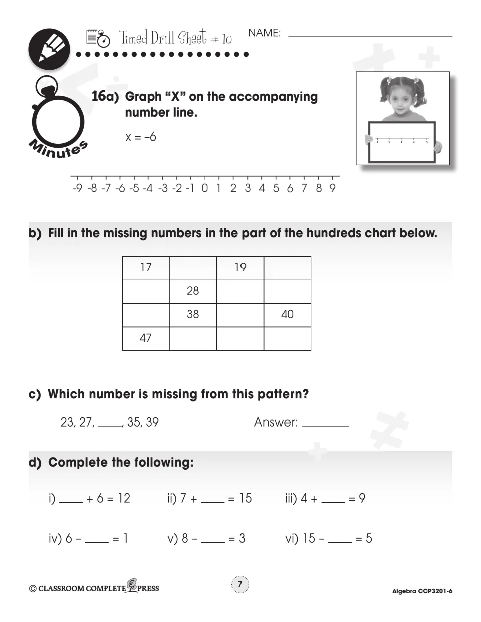 Timed Drill Sheet 10: graph x = –6 on a number line, a hundreds chart section, and missing addends