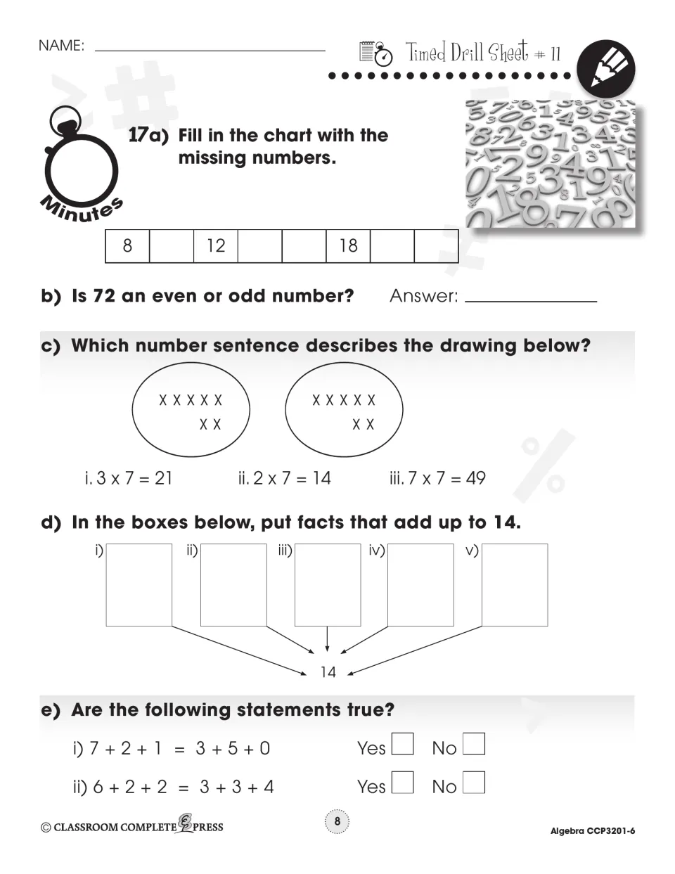 Timed Drill Sheet 11: missing numbers, is 72 even or odd, facts that add to 14, true-or-false equations