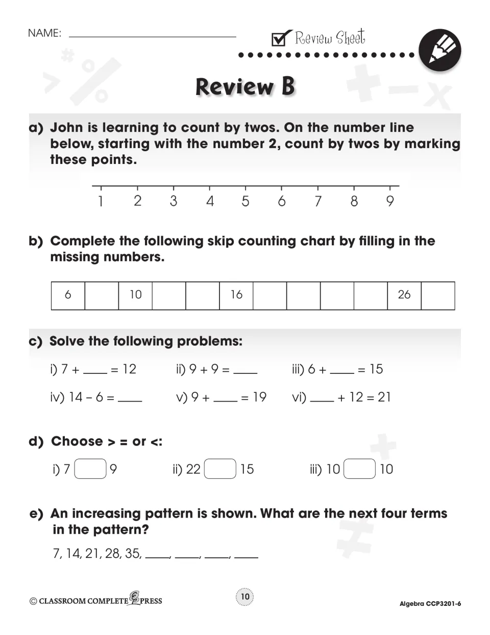 Review B: counting by twos on a number line, skip counting chart, comparisons, and the pattern 7, 14, 21, 28, 35