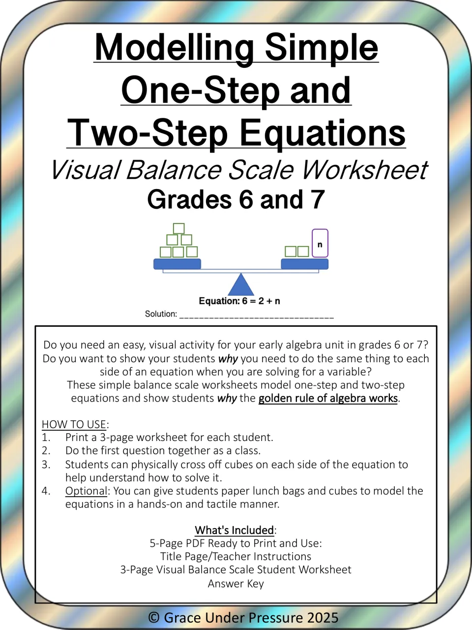 Modelling Simple One-Step and Two-Step Equations cover: balance scale example 6 = 2 + n, how-to-use steps and contents list
