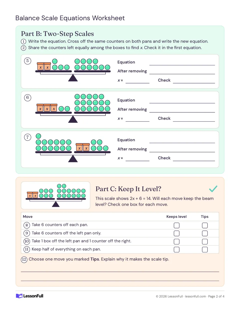 Parts B–C: three two-step balance-scale equations and four moves to judge as keeping level or tipping.