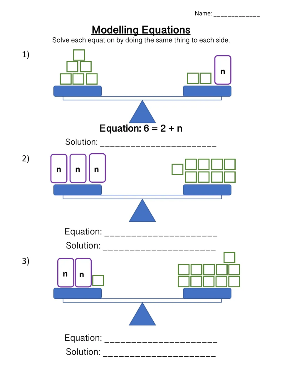 Modelling equations with balance scales: students write and solve 6 = 2 + n and two more equations shown by cubes and n bags