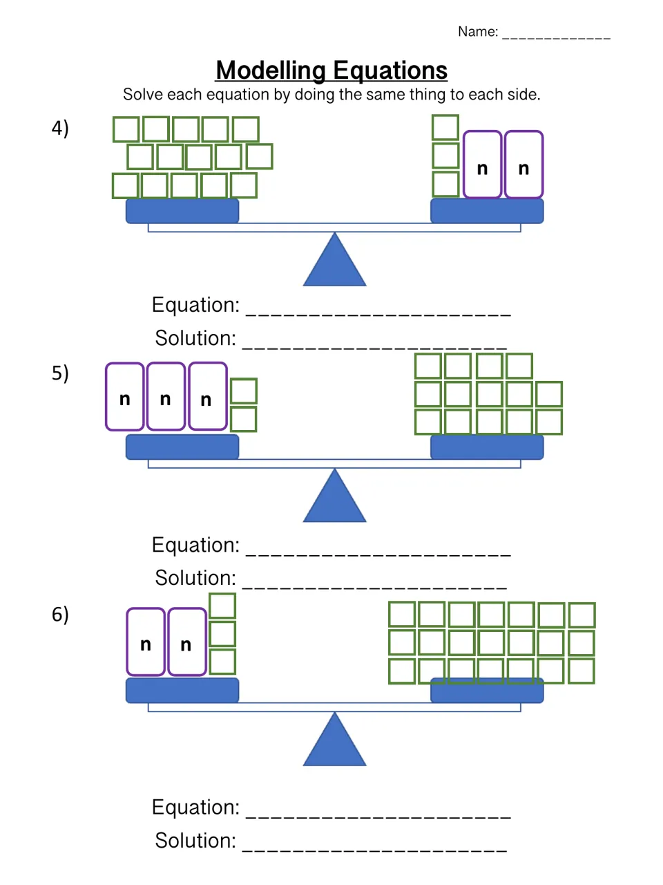 Two-step balance scale equations: students write and solve three equations from cubes and n bags, such as 15 cubes = 2n + 3