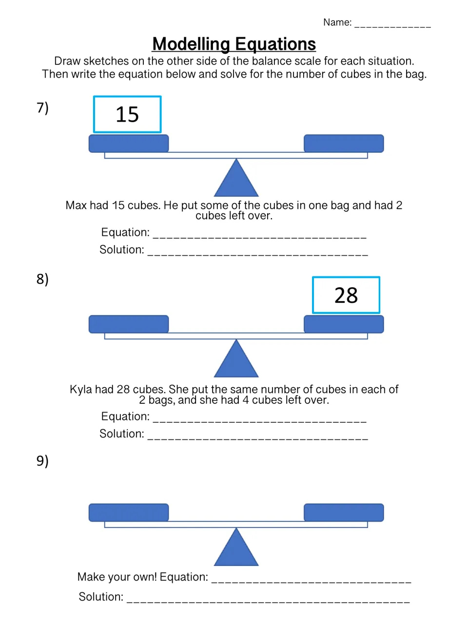 Equation word problems: students sketch cubes on a balance scale for 15- and 28-cube stories, write equations, then make one