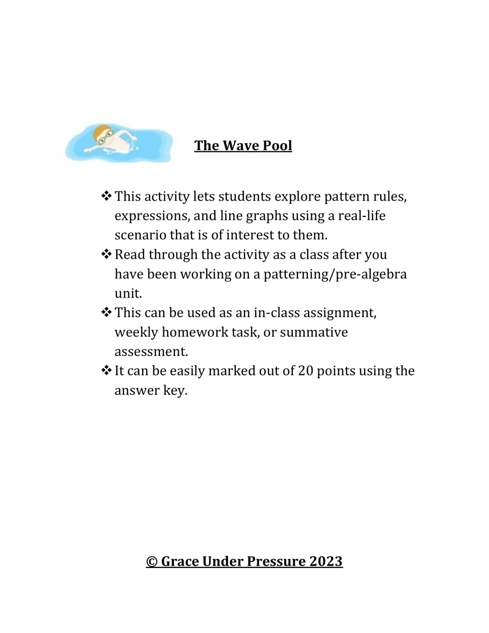 The Wave Pool teacher notes: a real-life task on pattern rules, expressions and line graphs, marked out of 20 points