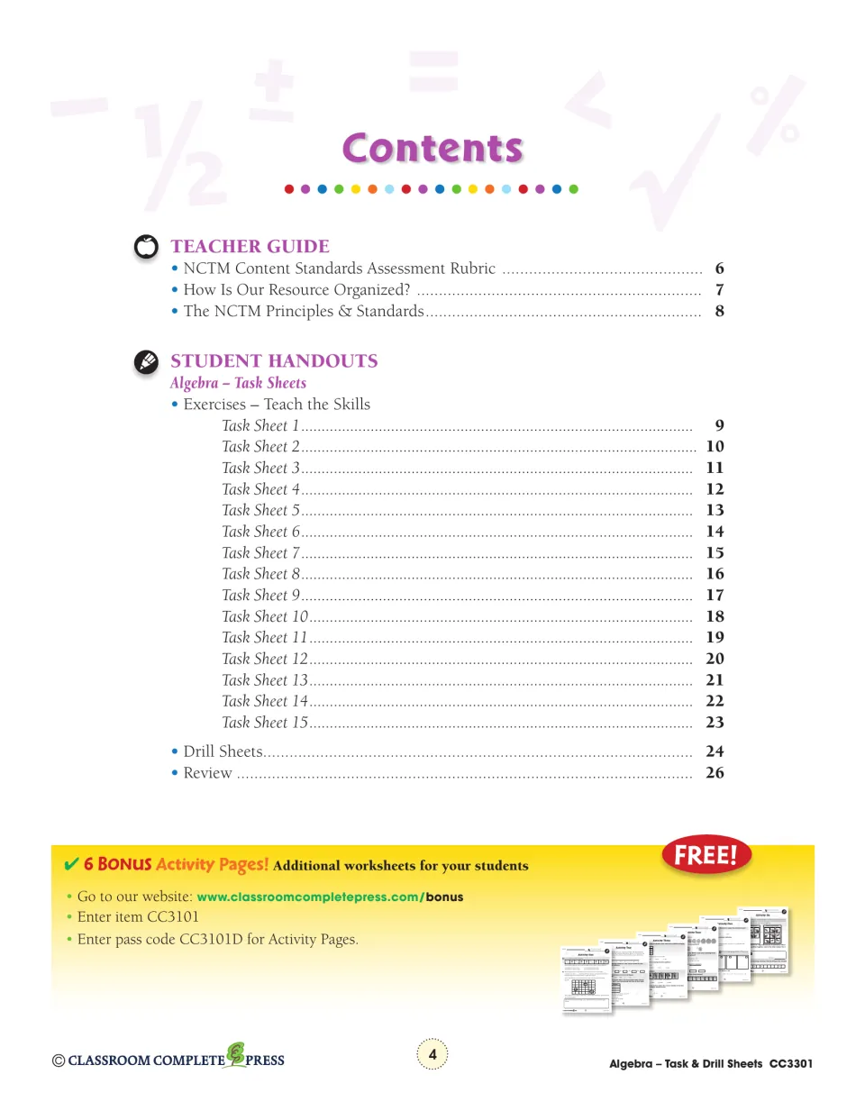 Table of contents, part 1: teacher guide pages and Task Sheets 1–15 on pages 9–23, plus drill sheets and review