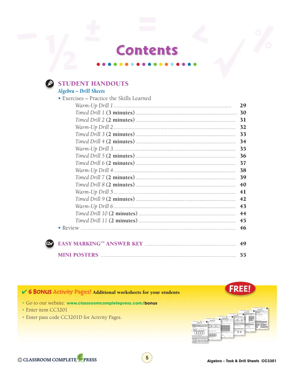 Table of contents, part 2: Warm-Up Drills 1–6, Timed Drills 1–11 with time limits, review, answer key and posters