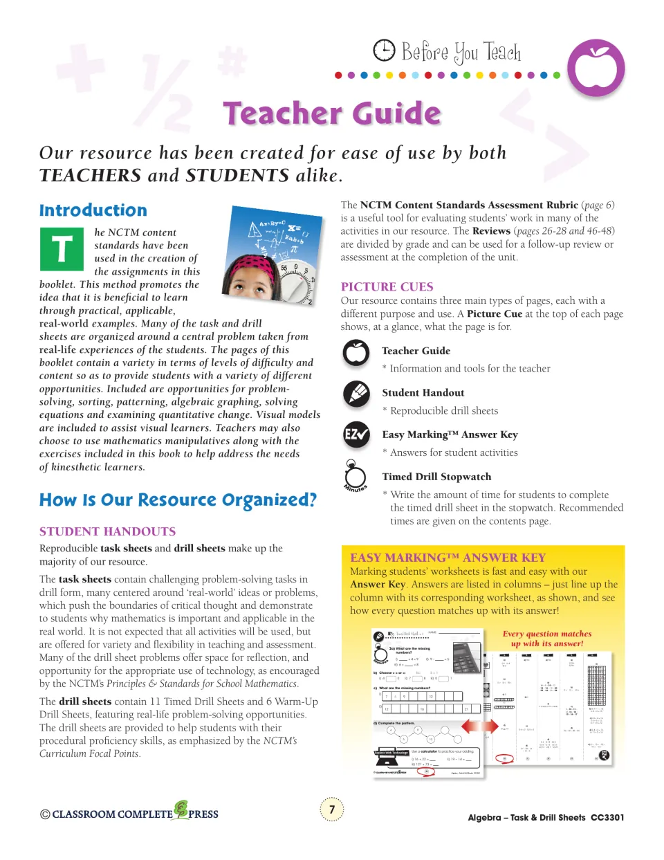 Teacher Guide introduction explaining task sheets, 11 timed and 6 warm-up drills, picture cues and the answer key