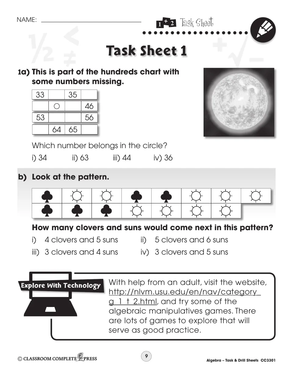 Task Sheet 1: find the missing hundreds chart number and the next clovers and suns in a growing pattern