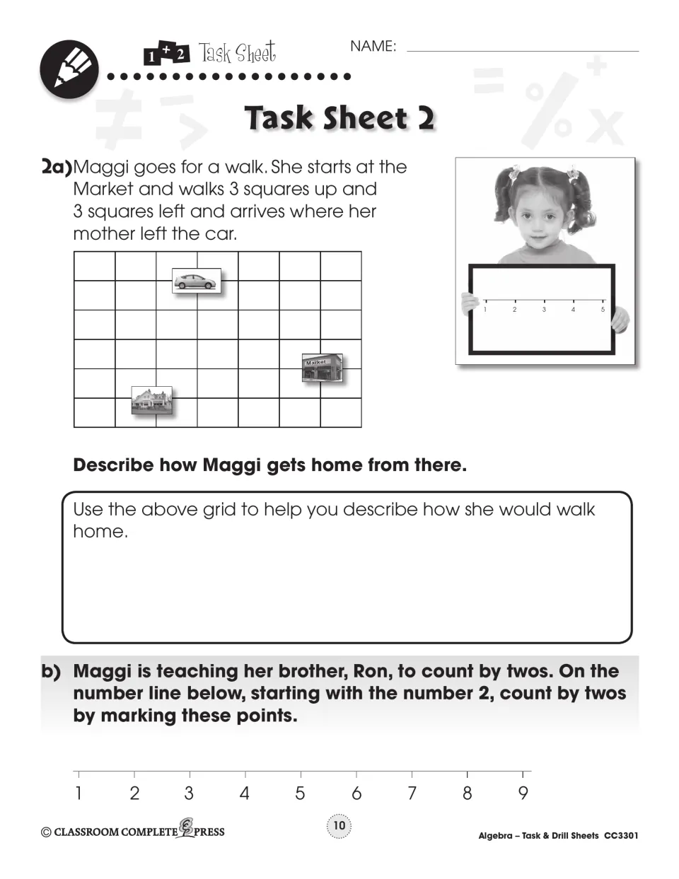 Task Sheet 2: describe Maggi's walk home on a map grid, then count by twos from 2 on a number line