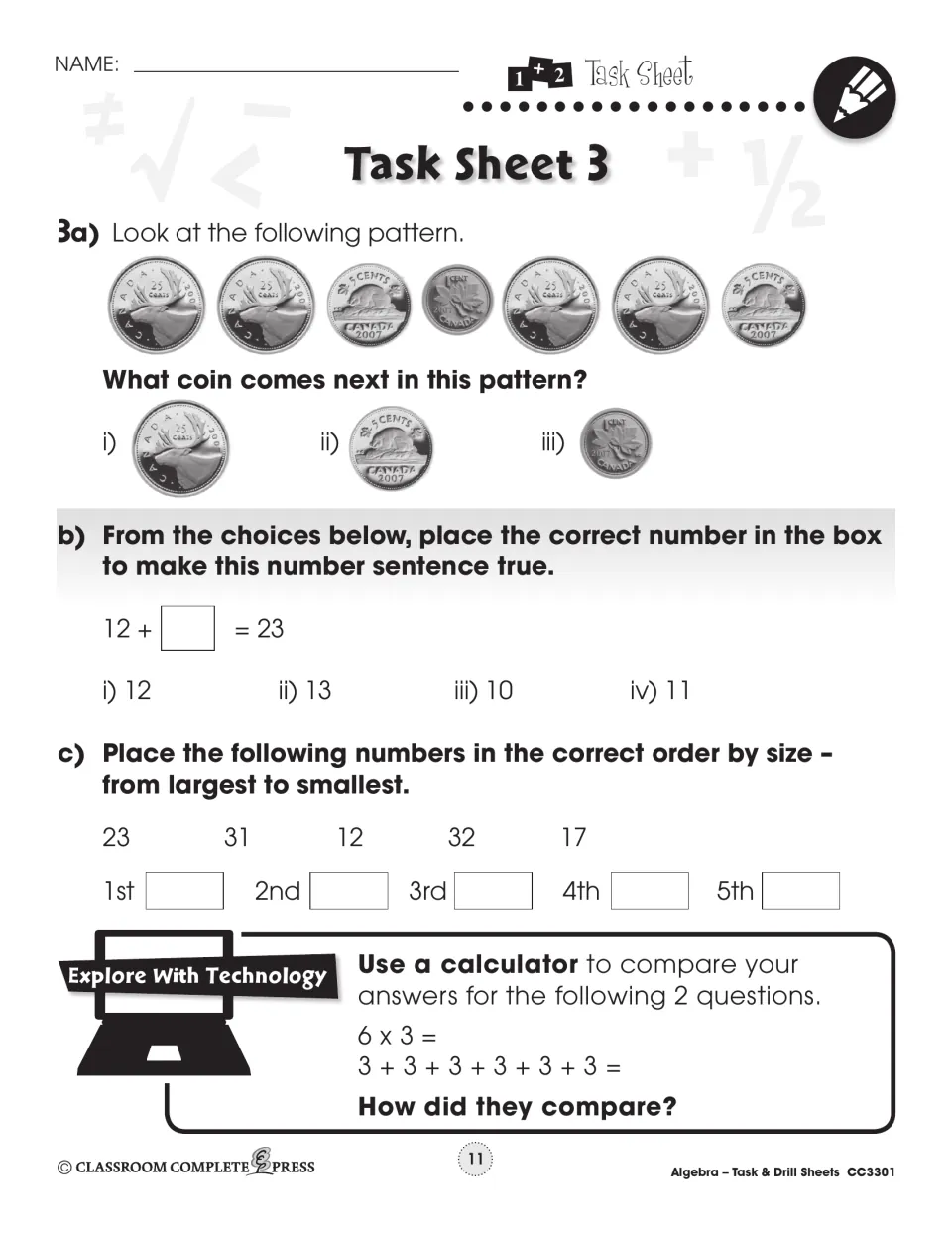 Task Sheet 3: next coin in a Canadian coin pattern, 12 + ? = 23, and ordering 23, 31, 12, 32, 17 from largest