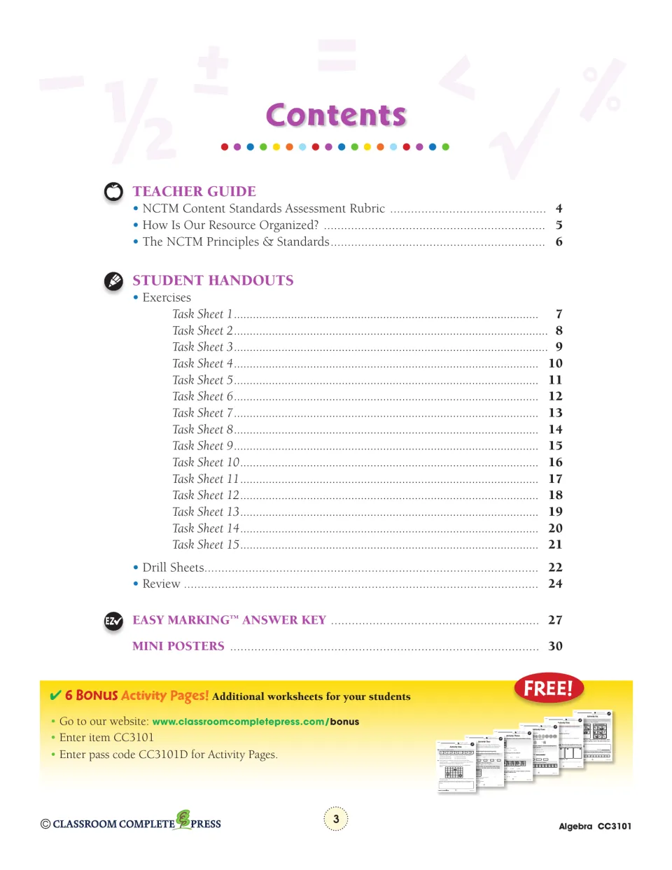 Contents page: Teacher Guide, Task Sheets 1–15, drill sheets, review, answer key on page 27 and mini posters