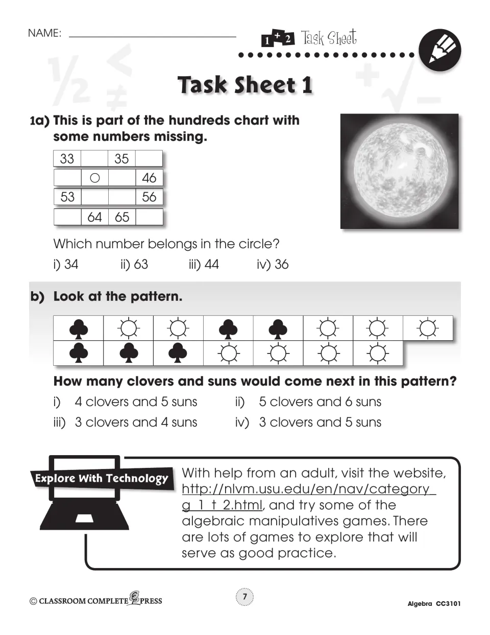 Task Sheet 1: missing number in a hundreds chart section, then how many clovers and suns come next in a pattern