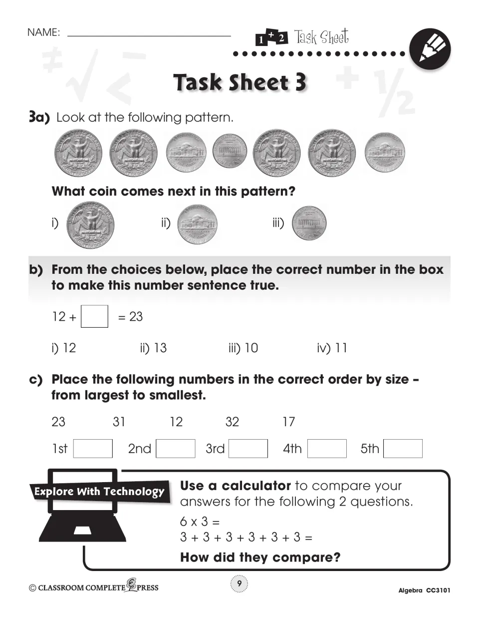 Task Sheet 3: next coin in a quarter-nickel-penny pattern, 12 + ? = 23, ordering numbers and a calculator check