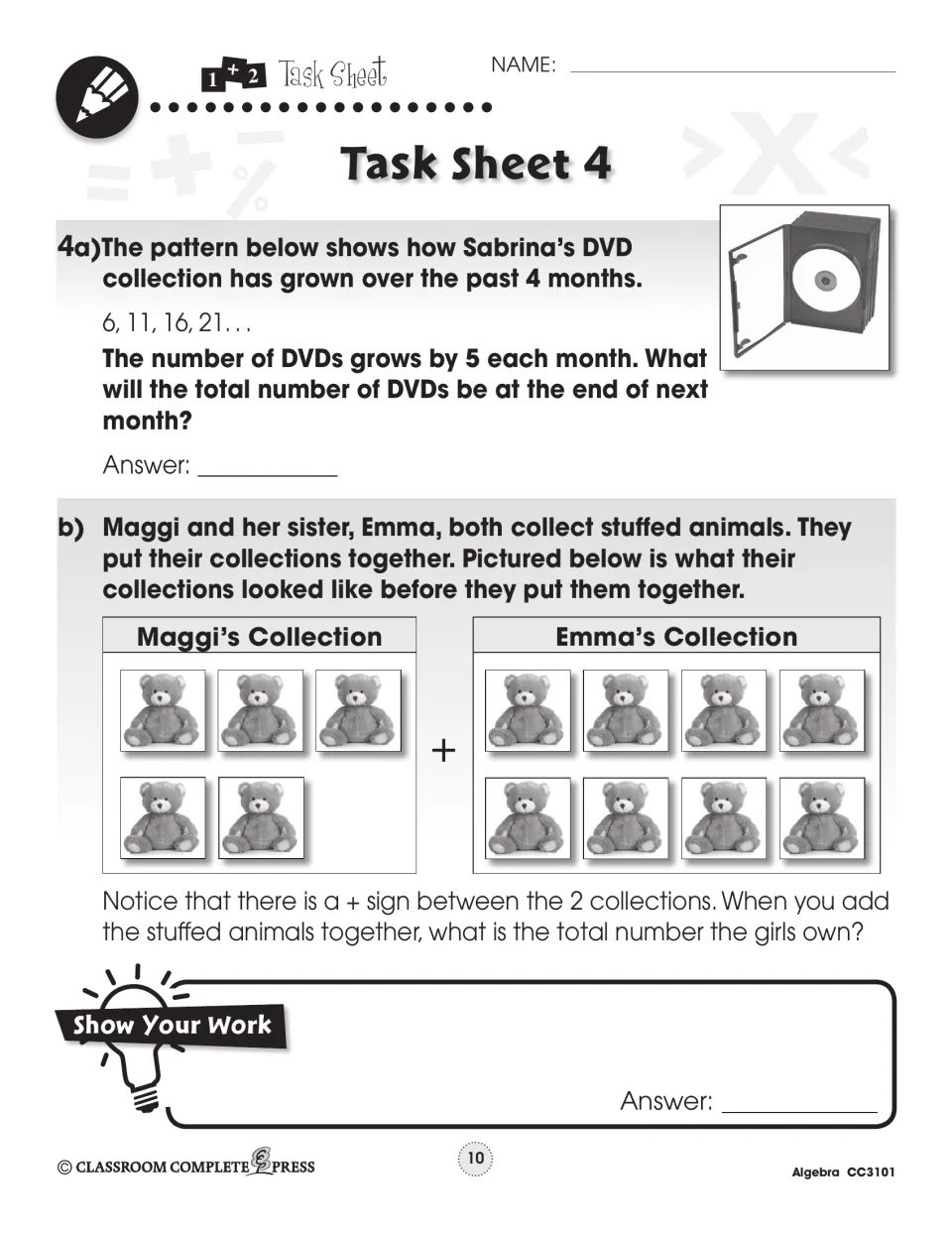 Task Sheet 4: DVD pattern 6, 11, 16, 21 growing by 5, and adding Maggi's 5 and Emma's 8 stuffed bears