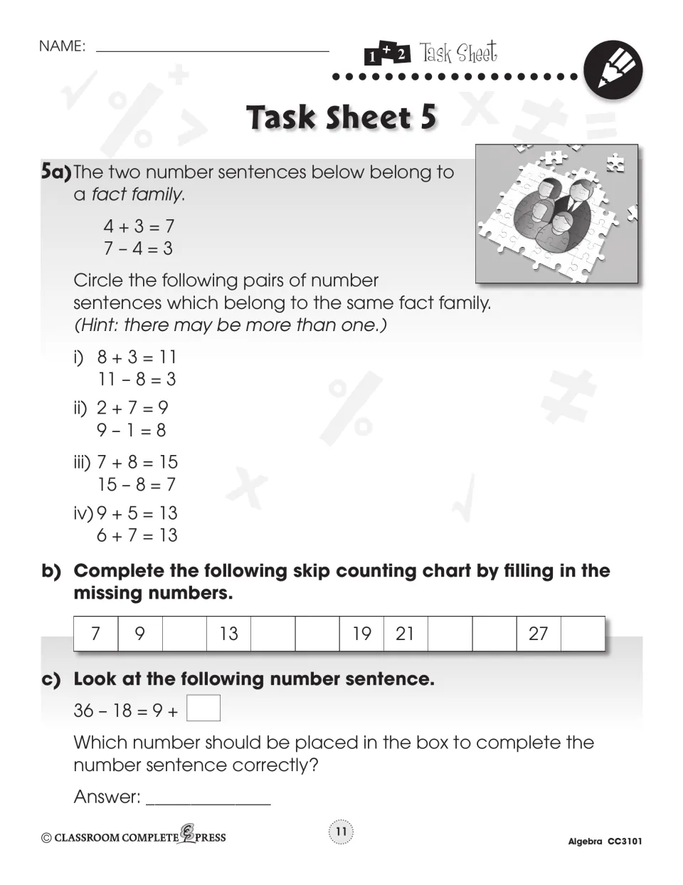 Task Sheet 5: fact families like 4 + 3 = 7, a skip-counting chart from 7 to 27, and 36 – 18 = 9 + ?