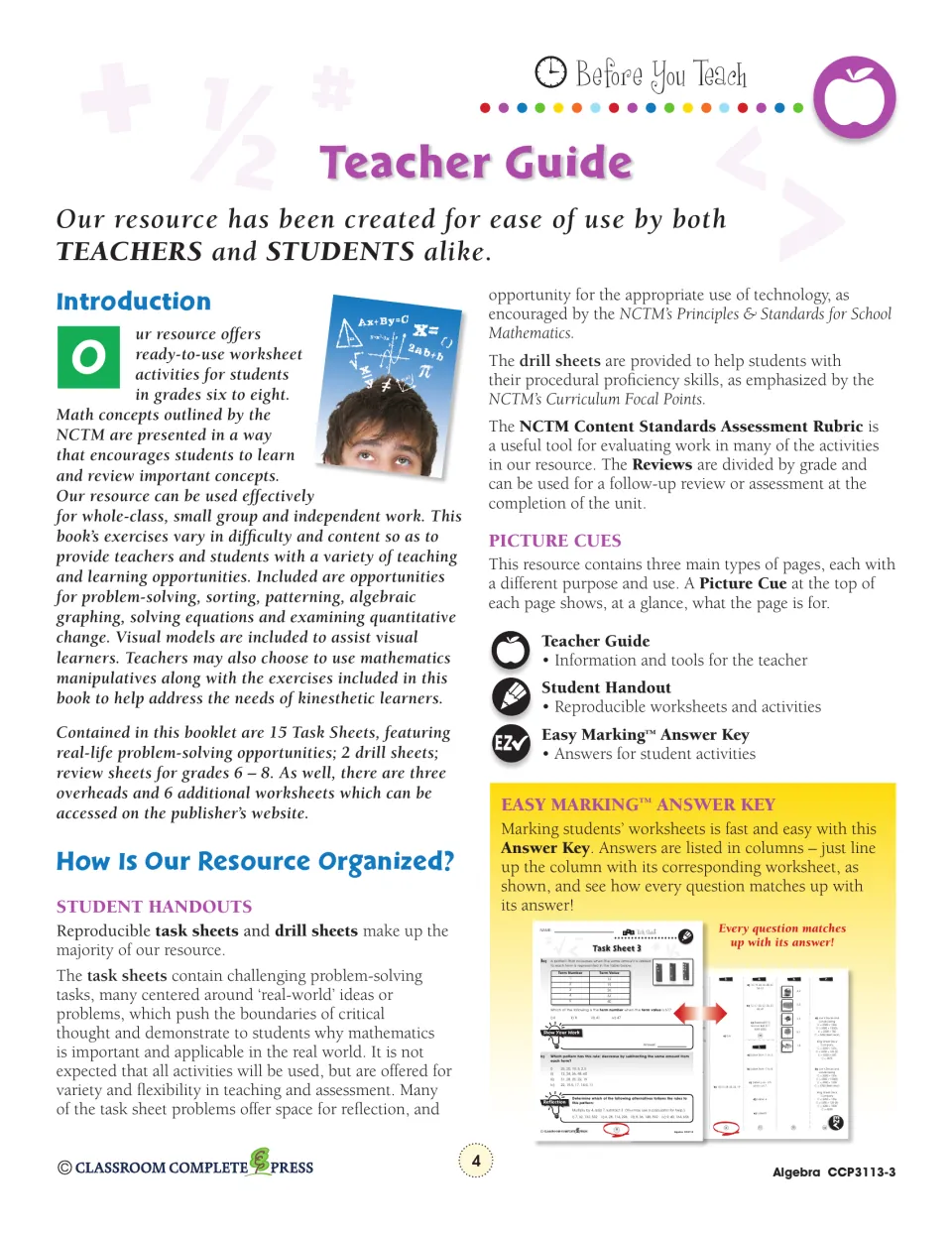 Teacher Guide describing the 15 task sheets, 2 drill sheets, reviews, picture cues and Easy Marking answer key