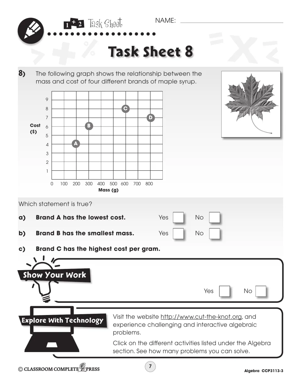 Task Sheet 8: mass vs. cost graph of maple syrup brands A–D with three yes/no statements to check