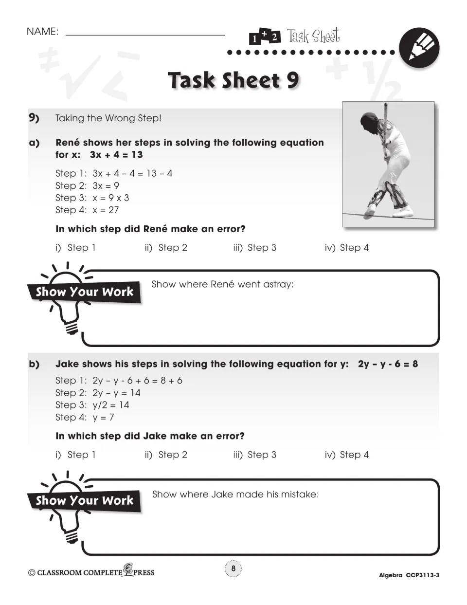 Task Sheet 9, 'Taking the Wrong Step!': spot errors in René's steps for 3x + 4 = 13 and Jake's for 2y – y – 6 = 8