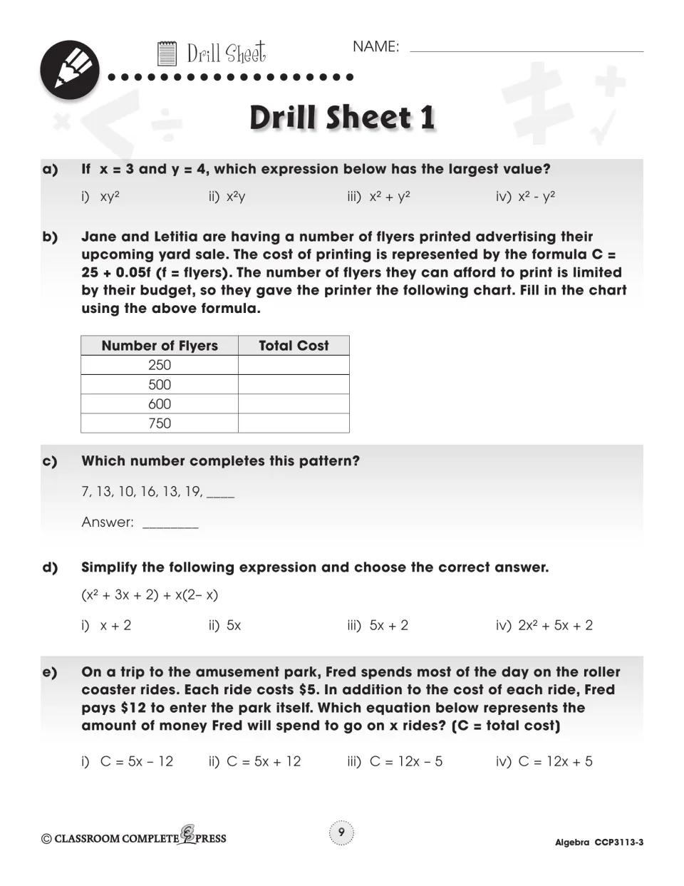 Drill Sheet 1: evaluate expressions for x = 3, y = 4, a flyer cost chart, a number pattern and two more