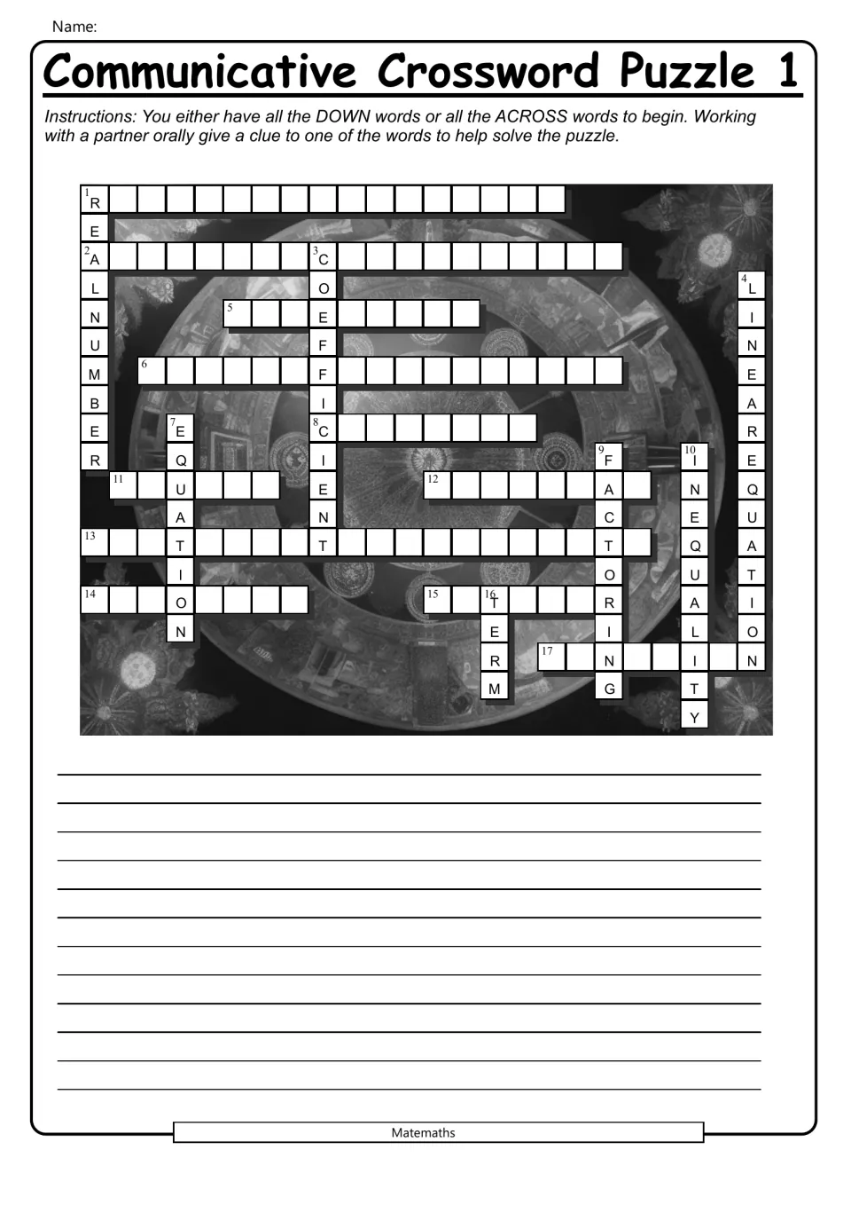 Partner crossword, Down sheet: students clue coefficient, factoring and inequality aloud to complete the blank rows