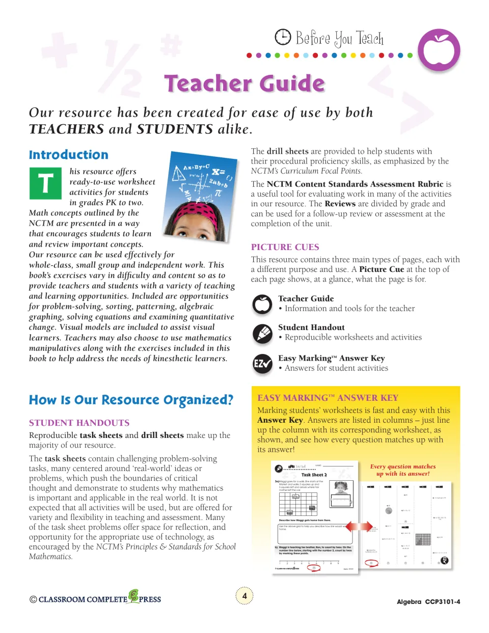 Teacher Guide introducing the task sheets, drill sheets, rubric, reviews and the picture cues for each page type