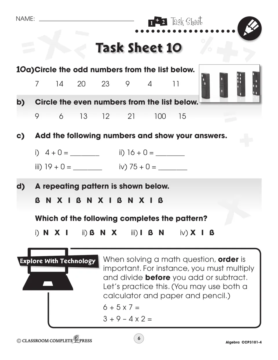 Task Sheet 10: circle odd and even numbers, add zero (4 + 0, 16 + 0), extend a letter pattern, order of operations