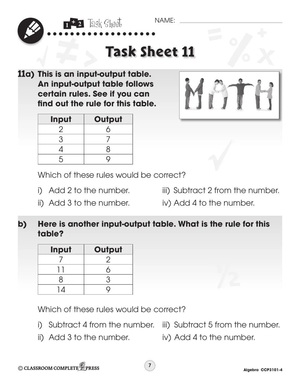Task Sheet 11: find the rule for two input-output tables, such as inputs 2–5 giving outputs 6–9, from four choices