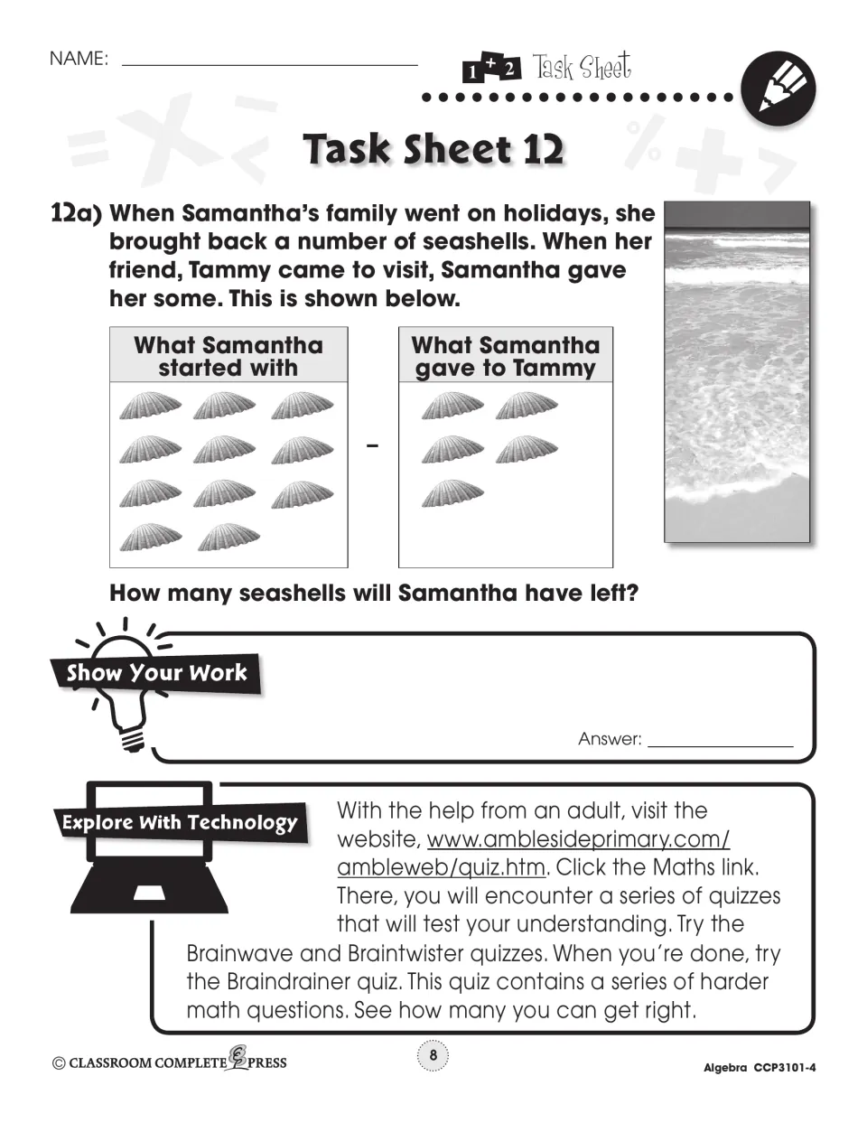 Task Sheet 12: Samantha starts with 11 seashells and gives Tammy 5; students find how many she has left