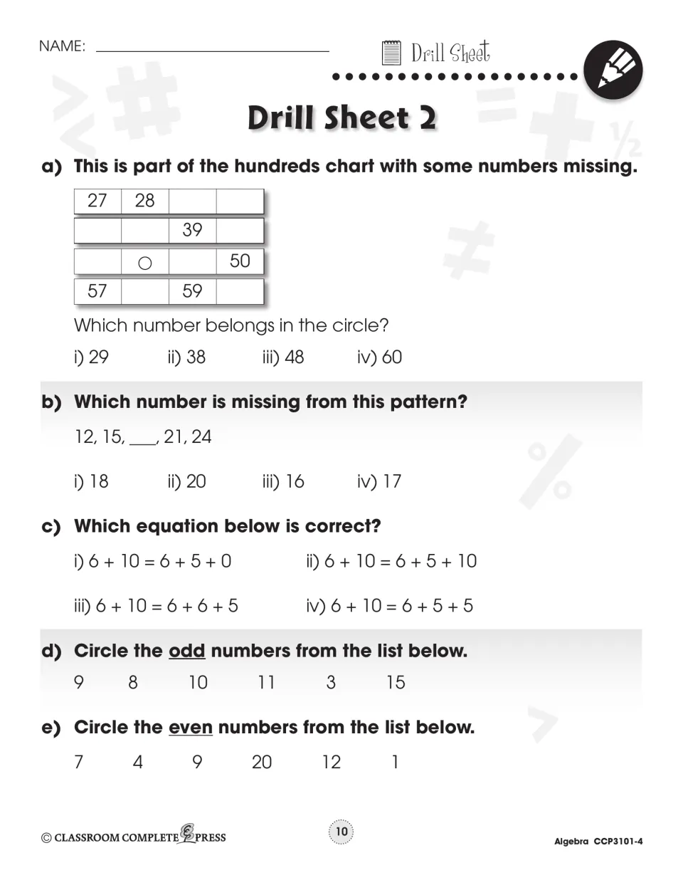 Drill Sheet 2: missing hundreds chart number, pattern 12, 15, __, 21, 24, a true equation, and odd and even numbers