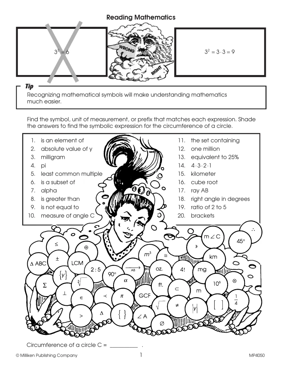 Reading Mathematics practice matches 20 expressions to symbols to reveal the formula for a circle's circumference