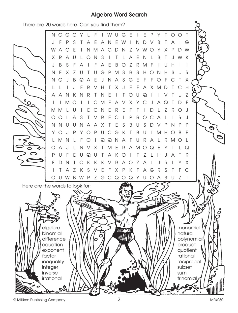 Vocabulary word search asks students to find 20 terms, including binomial, exponent, reciprocal, and subset