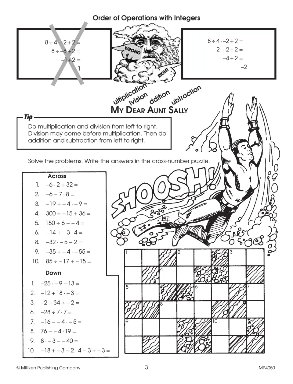 Order of operations practice pairs integer calculations with a cross-number puzzle and a left-to-right tip