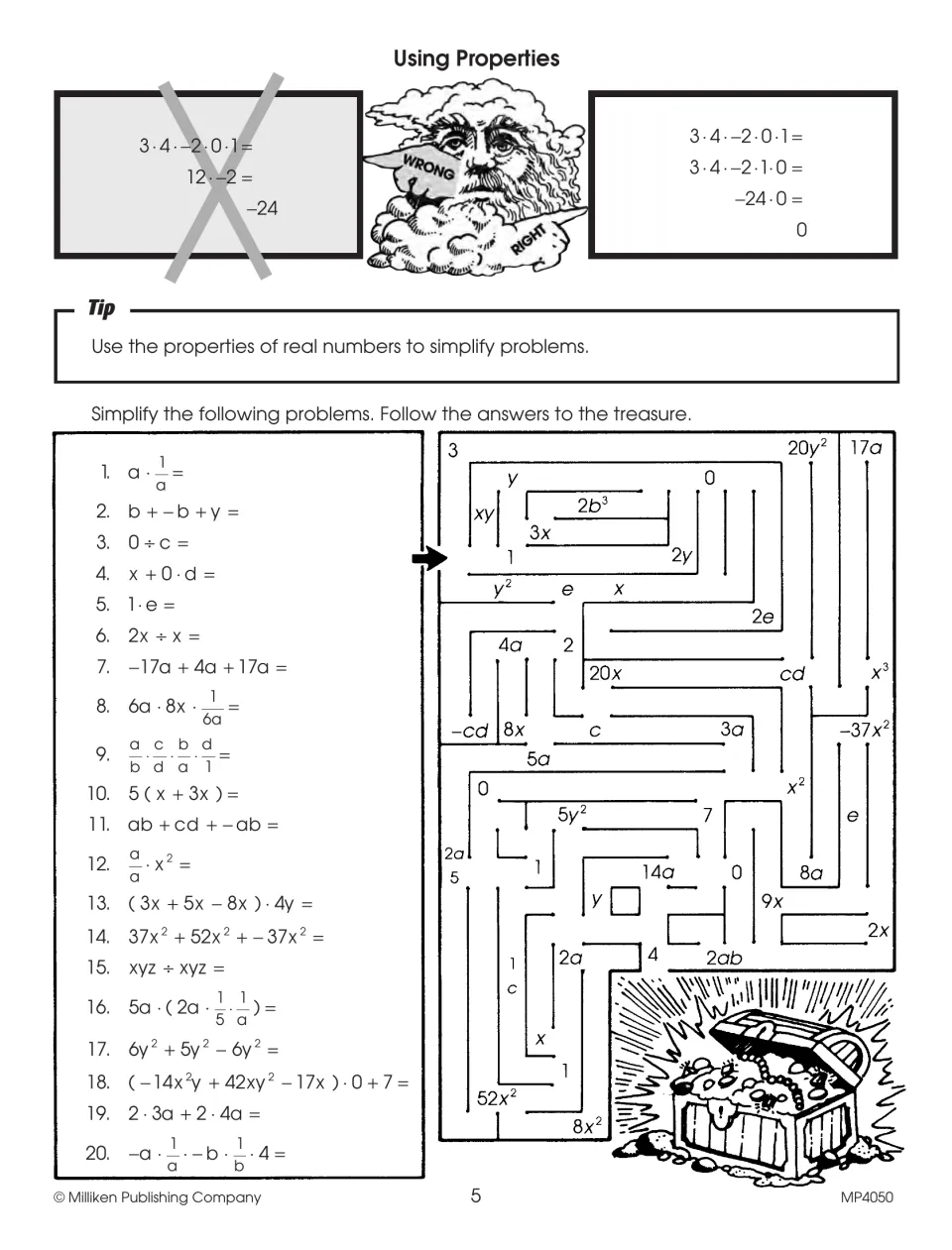 Using Properties practice asks students to simplify 20 expressions and follow their answers through a treasure maze