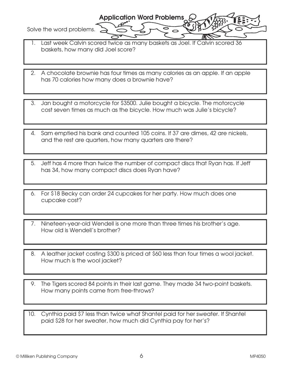 Application word problems present 10 questions about baskets, calories, purchases, coins, cupcakes, and ages