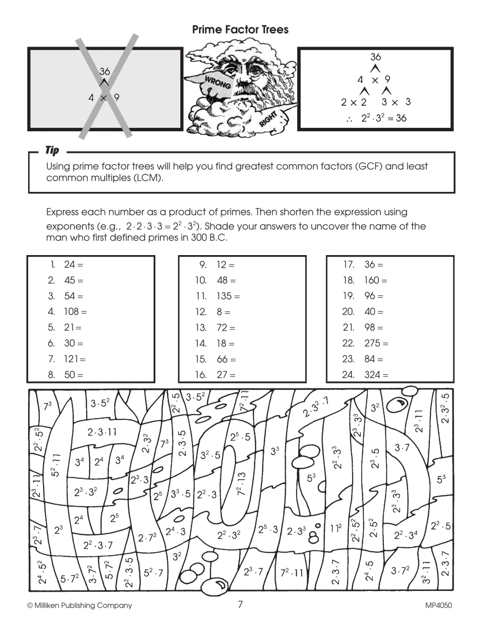 Prime factor practice asks students to factor 24 numbers, use exponents, and shade answers to reveal a name