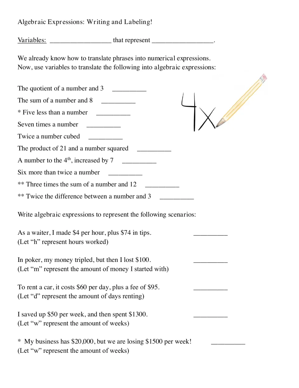 Writing algebraic expressions: students define variables, translate 10 verbal phrases and 5 word problems into expressions